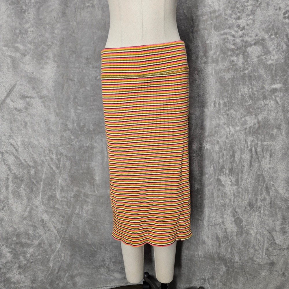 Aerie Midi Pencil Skirt Women L Colorful Striped Ribbed Knit Stretchy Y2K Indie